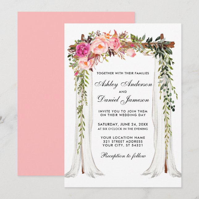 Invitation Aquarelle à canopée mariage rose floral (Devant / Derrière)