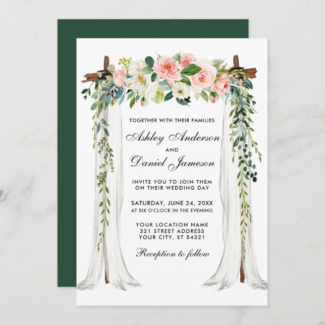 Invitation Aquarelle à canopée mariage rose vert floral (Devant / Derrière)