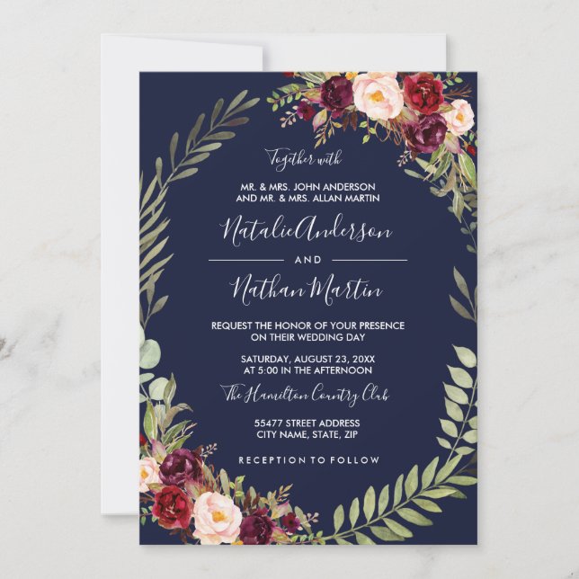 Invitation Aquarelle à couronne florale Burgundy Mariage de m (Devant)