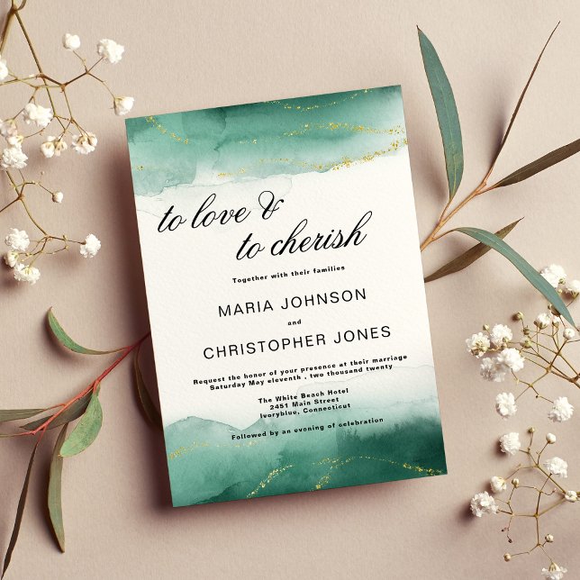 Invitation Aquarelle à feuillage persistant or blanc parties  (Watercolor evergreen white gold glitter wedding)
