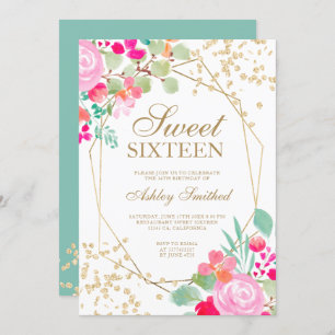 Invitation Aquarelle à fleurs rose parties scintillant or Swe