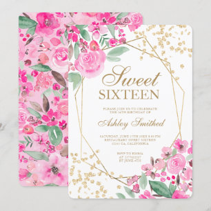Invitation Aquarelle à fleurs rose parties scintillant or Swe