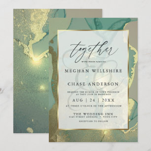 Invitation Aquarelle à l'encre alcoolique verte fumée et or