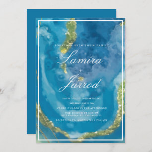 Invitation Aquarelle à main bleue Agate Mariage or Faux