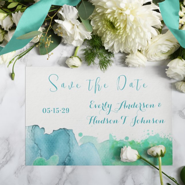 Invitation Aquarelle Abstraite bleu vert Enregistrer la date (Créateur téléchargé)