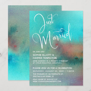 Invitation Aquarelle Abstraite Colorée Écriture "Juste Mariés