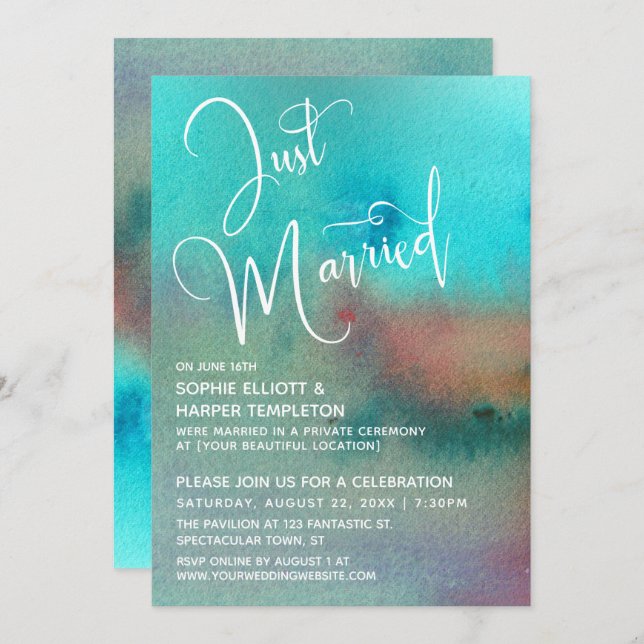 Invitation Aquarelle Abstraite colorée Juste Marry Script (Devant / Derrière)