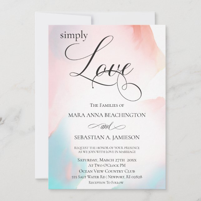 Invitation *~* Aquarelle Abstraite douce Coral Aqua Mariage (Devant)