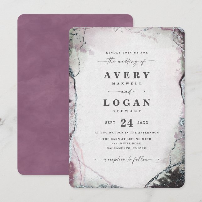 Invitation Aquarelle Abstraite moderne Mariage violet clair (Devant / Derrière)