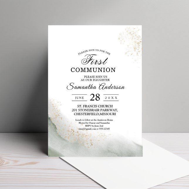Invitation Aquarelle Abstraite Traits de Pinceau Verts & Or (Créateur téléchargé)