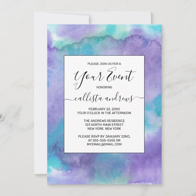 Invitation Aquarelle Abstraite violet violet violet vert Turq (Devant)