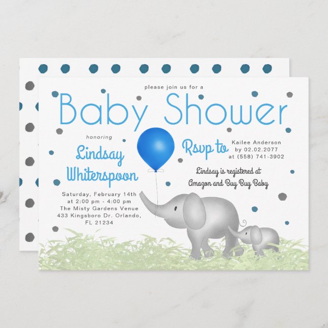 Invitation Aquarelle adorable Eléphants Baby shower garçon (Devant / Derrière)