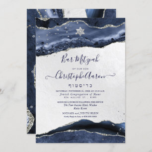 Invitation Aquarelle Agate, Bleu Minuit Barre Argent Mitzvah
