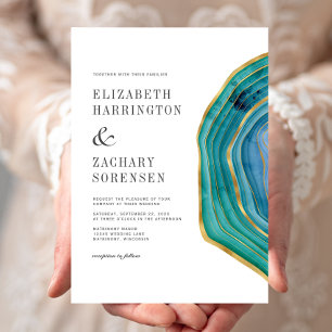 Invitation Aquarelle Agate Gold Turquoise Mariage