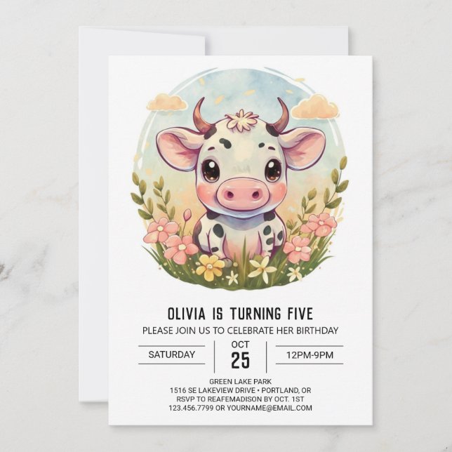 Invitation Aquarelle agricole Élégante vache Anniversaire (Devant)