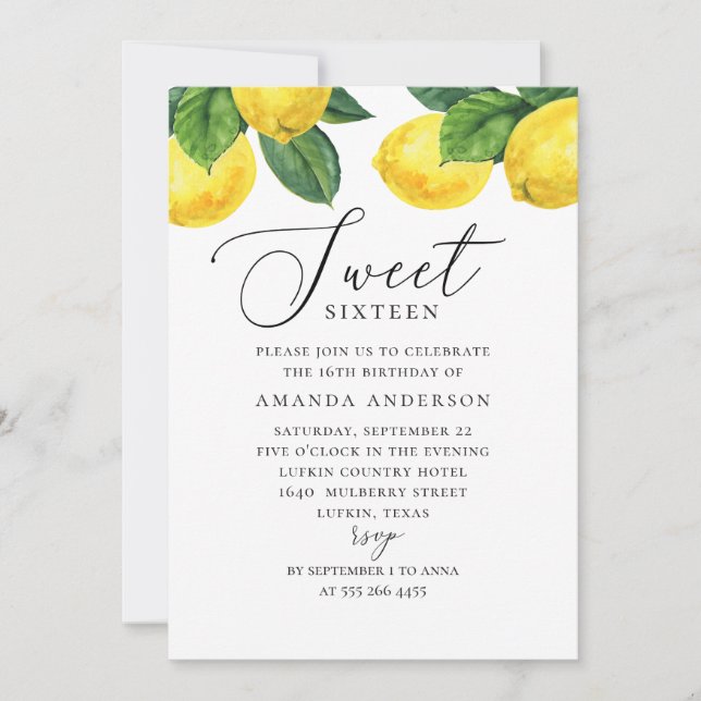 Invitation Aquarelle agrumes Doux 16. Script de jardin de cit (Devant)