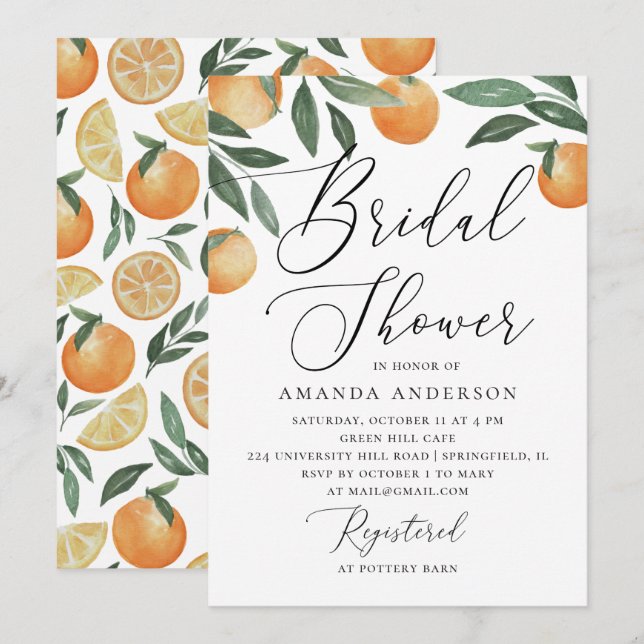 Invitation Aquarelle agrumes jardin script douche nuptiale (Devant / Derrière)