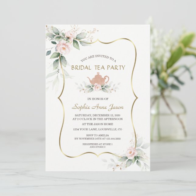 Invitation Aquarelle Aile rose Floral Or Bridal Tea Party (Debout devant)