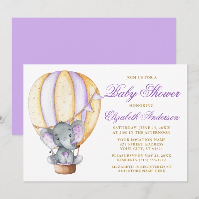 Invitation Aquarelle Air Balloon Elephant Baby shower violet (Devant / Derrière)