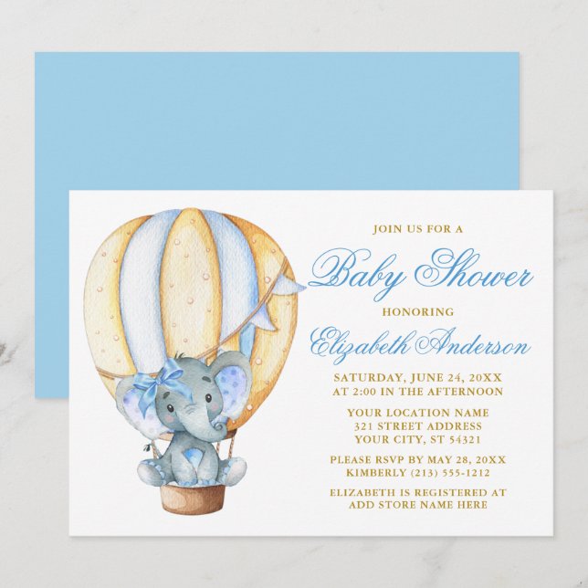 Invitation Aquarelle Air Balloon Elephant Bow Baby shower (Devant / Derrière)