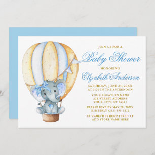 Invitation Aquarelle Air Balloon Elephant Bow Baby shower