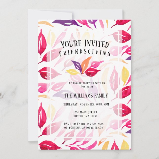 Invitation Aquarelle Amical Rose violet Feuille jaune (Devant)