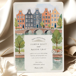 Invitation Aquarelle Amsterdam Canal Maisons & Tulips Mariage