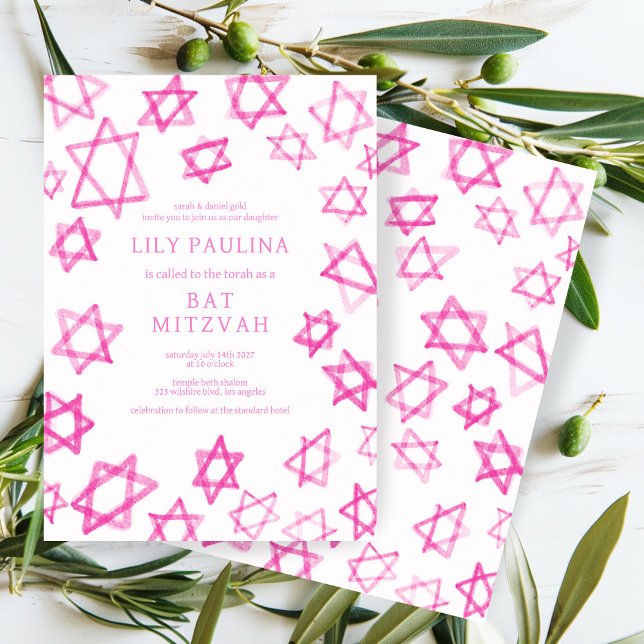 Invitation Aquarelle amusante rose étoile de David Bar Bat mi (Watercolor Fun Modern Cute Pink Star of David Bar Bat Mitzvah Custom Invitation Evite 
)
