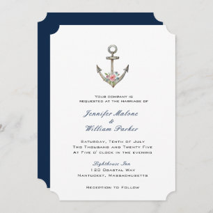 Invitation Aquarelle Ancre avec fleurs mariage