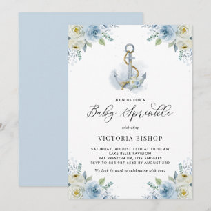 Invitation Aquarelle Ancre et Fleurs Bleues Bébé Sprinkle