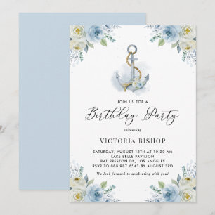 Invitation Aquarelle Ancre & Fleurs Bleues Nautique Anniversa
