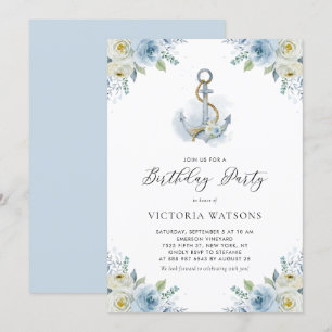 Invitation Aquarelle Ancre & Fleurs Bleues Nautique Anniversa
