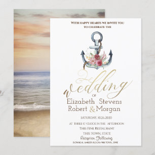 Invitation Aquarelle Ancre Fleurs Mariage nautique  