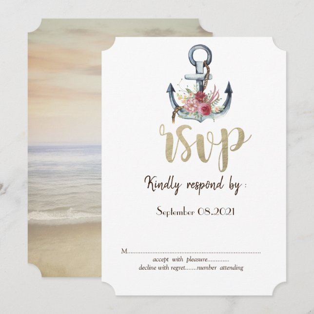 Invitation Aquarelle Ancre Fleurs Nautiques RSVP (Devant / Derrière)