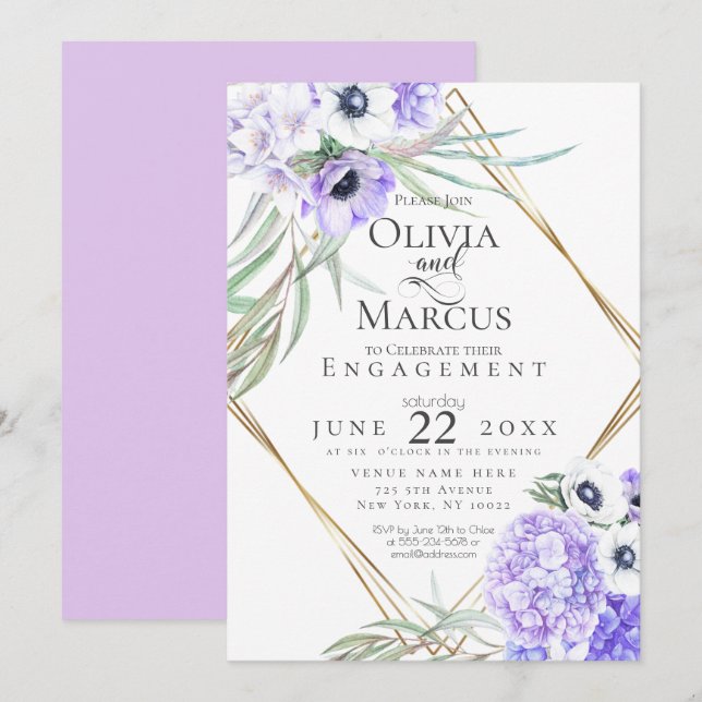 Invitation Aquarelle Anémone Violette Floral Cadre Géométriqu (Devant / Derrière)