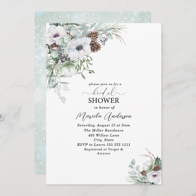 Invitation Aquarelle Anémones d'hiver Fleurs de nuptiale Show (Devant / Derrière)