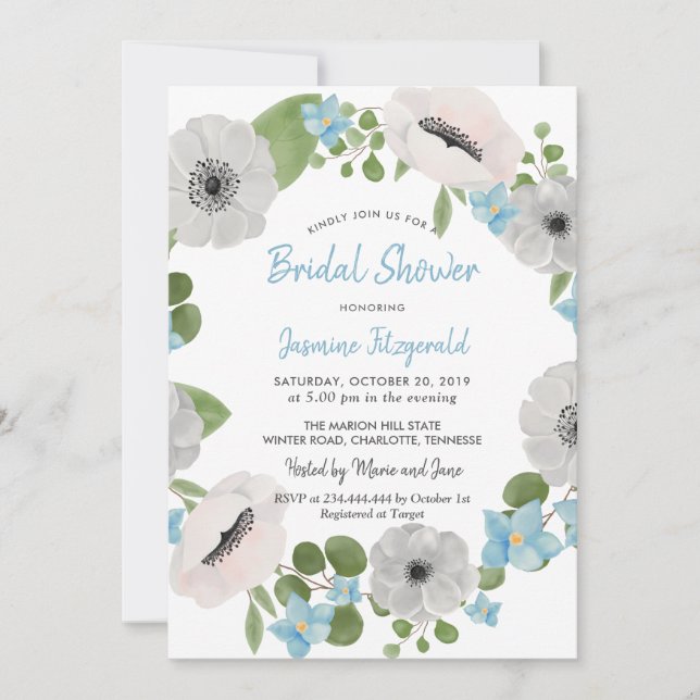 Invitation Aquarelle Anémones Florale Wreath | FÊTE DES MARIÉ (Devant)