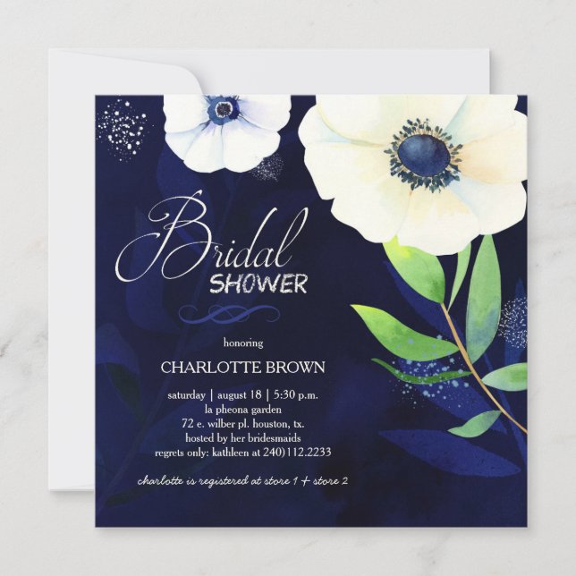 Invitation Aquarelle Anémonique Fête des mariées bleue marine (Devant)