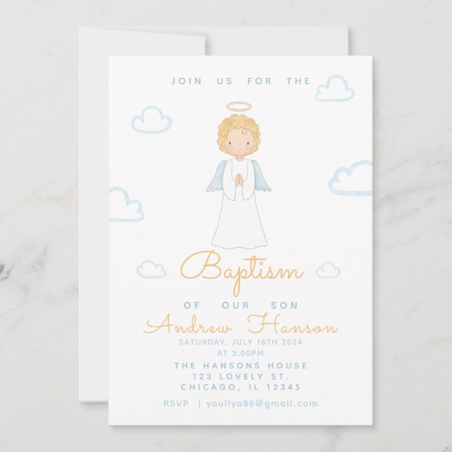 Invitation Aquarelle Angel Baptême Religieux Bleu (Devant)
