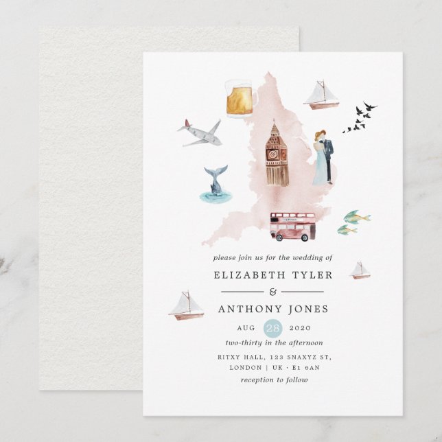Invitation Aquarelle Angleterre Royaume-Uni Londres Destinati (Devant / Derrière)