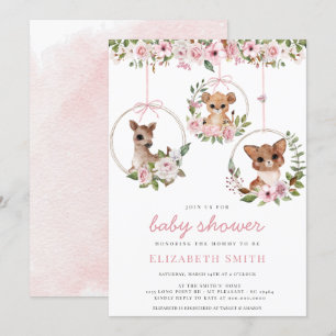 Invitation Aquarelle animale boisée Baby shower floral rose