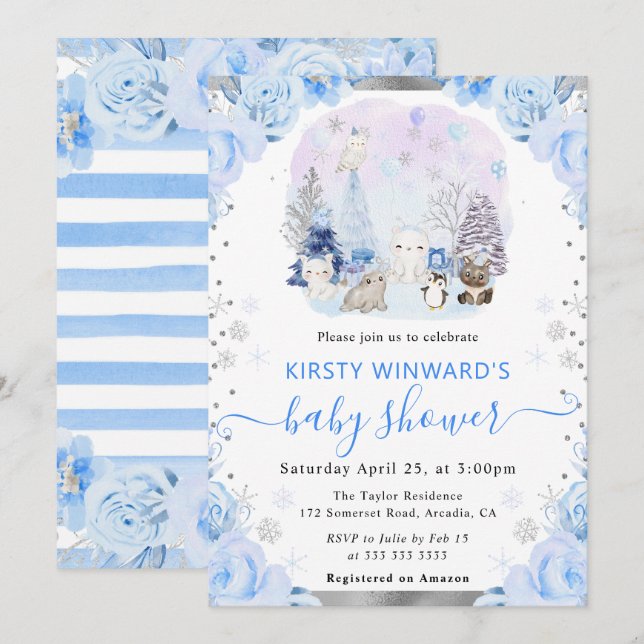 Invitation Aquarelle Animaux arctiques Baby shower floral (Devant / Derrière)