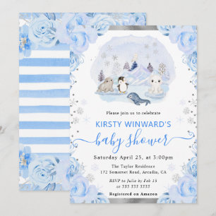 Invitation Aquarelle Animaux arctiques Baby shower floral