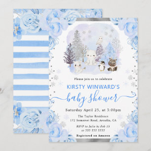 Invitation Aquarelle Animaux arctiques Baby shower floral