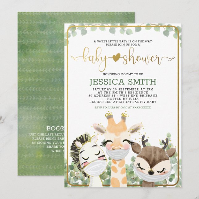 Invitation Aquarelle Animaux dans le Baby shower Masques (Devant / Derrière)