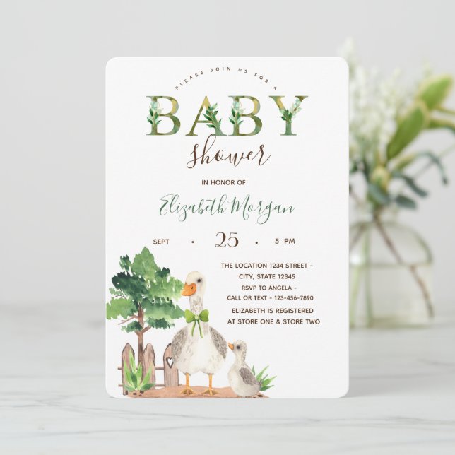 Invitation Aquarelle Animaux de ferme Baby shower d'oies (Debout devant)