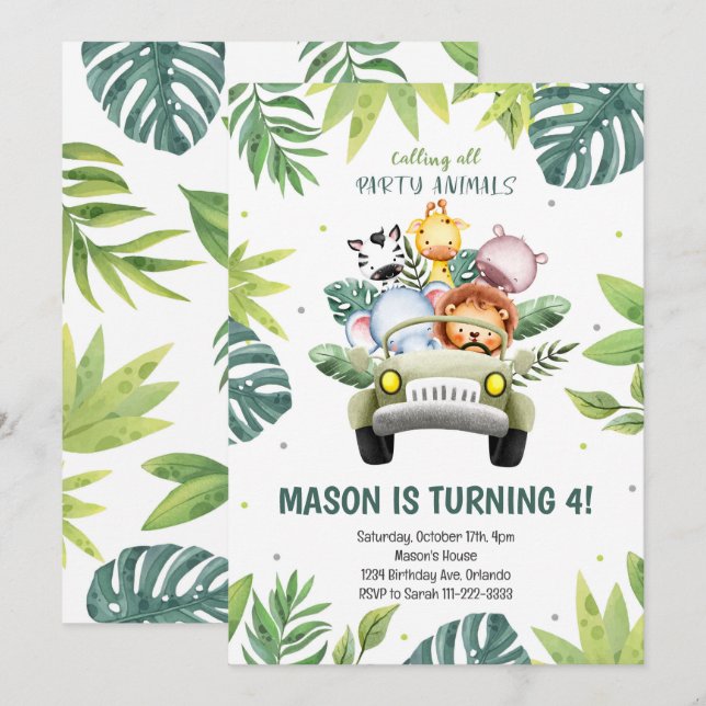 Invitation Aquarelle Animaux Safari Voiture Anniversaire Invi (Devant / Derrière)