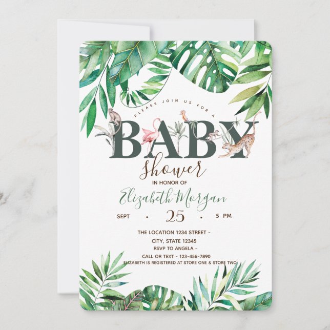 Invitation Aquarelle Animaux sauvages Palm Baby shower Feuill (Devant)