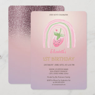 Invitation Aquarelle Anniversaire Fraise Arc-en-ciel Paillett