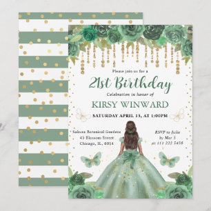 Invitation Aquarelle Anniversaire Princesse Vert & Or